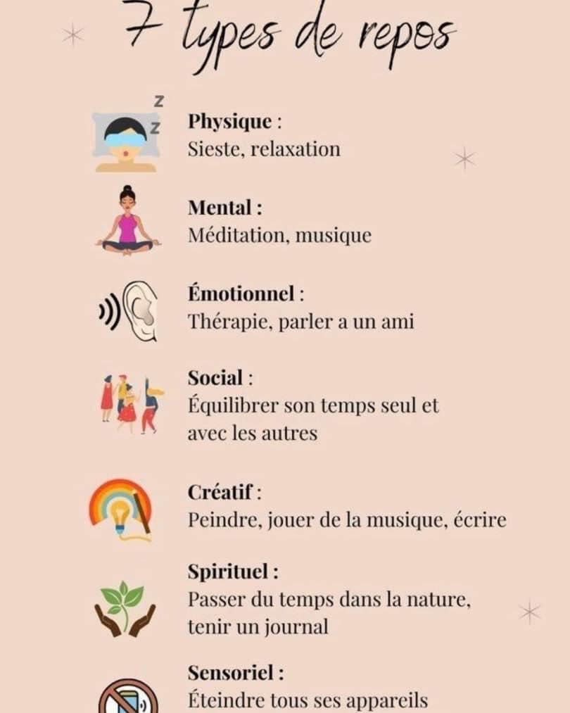 


Le repos peut être classé en plusieurs types en fonction de la nature de l'activité et des bénéfices qu'il apporte au